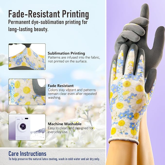 COOLJOB 6 Pairs Gardening Gloves for Women, Breathable Rubber Coated, M | Women's Floral Gardening Gloves, Textured Latex Palm, Breathable Polyester Liner, Flexible Fit, Machine Washable