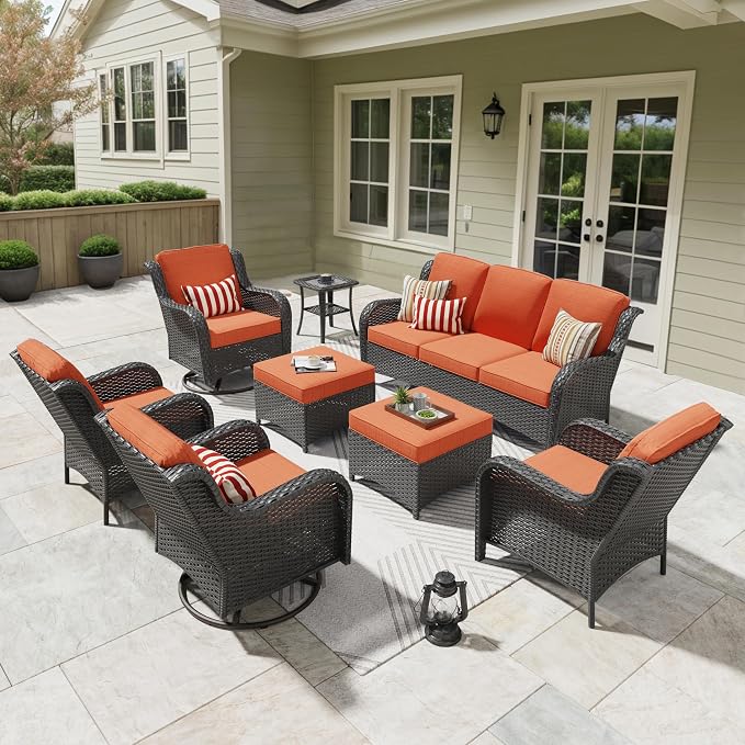 ovios 8 Pieces Patio Furniture Set with Swivel Rocking Chairs, Outdoor Wicker Sofa Couch Comfy Cushions, All Weather High Back Modern Conversation Set, Brown Rattan, Orange Red