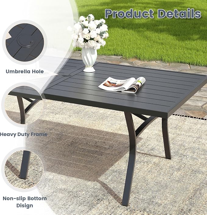 VICLLAX 9 Pieces Patio Outdoor Dining Set, 8 Swivel Textilene Chairs and 70" Rectangular Metal Table with Umbrella Hole for Porch, Deck, Garden, Black/Brown
