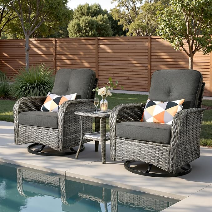 3-Piece Patio Furniture Set, Outdoor Wicker Furniture with Coffee Table, High Back Swivel Rocker Patio Chairs, Modern Rattan Outdoor Chairs Conversation Set for Porch, Balcony, Garden, Black