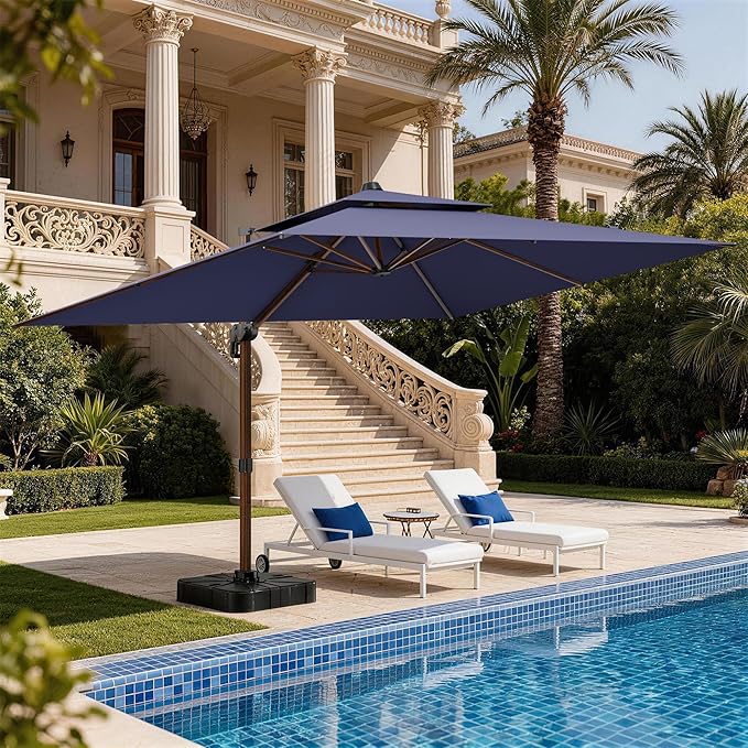 10x13FT Cantilever Outdoor Patio Umbrellas with Base, Double Top Wood Pattern Rectangle Umbrella, Heavy Duty 360°Rotation Offset Umbrella for Garden Deck Pool Patio, Navy Blue