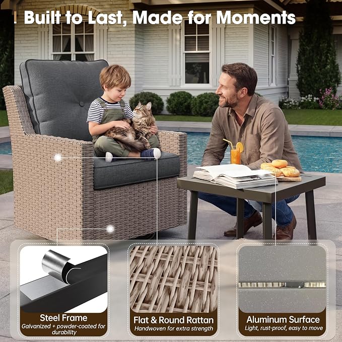 NestNook 4 Piece Patio Furniture Set, Outdoor Swivel Glider Chairs Set of 2 with Loveseat and Coffee Table Wicker Patio Conversation Set for Backyard Balcony & Poolside（Dark Grey）