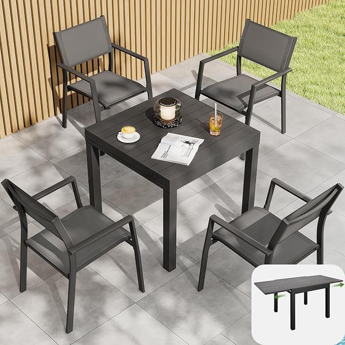 5 Piece Outdoor Dining Set, Expandable Outdoor Patio Dining Table Set for 4-6 Person, Aluminum Outdoor Table and 4 Chairs with Textilene Fabric & Armrest for Patio, Garden, Lawn, Deck(Black)