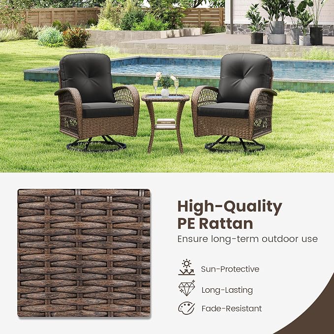 HAPPYGRILL 3 Pieces Outdoor Rattan Swivel Rocker Chairs Set with Tempered Glass Side Table, Outside Sectional Patio Conversation Furniture Set with Swivel Rocking Chairs for Deck Porch Garden (Black)
