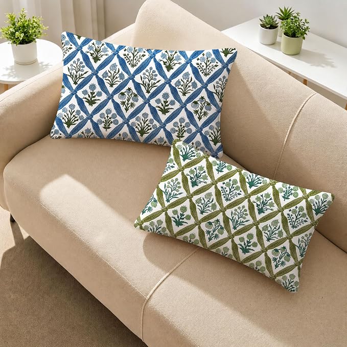 Allorry Floral Outdoor Pillow Covers 12x20 Green Outdoor Waterproof Decor | Set of 2 Vintage Floral Block Print Pillow Cover,Farmhouse Boho Decorative for Spring Summer Outdoor Sofa Bedroom Decor