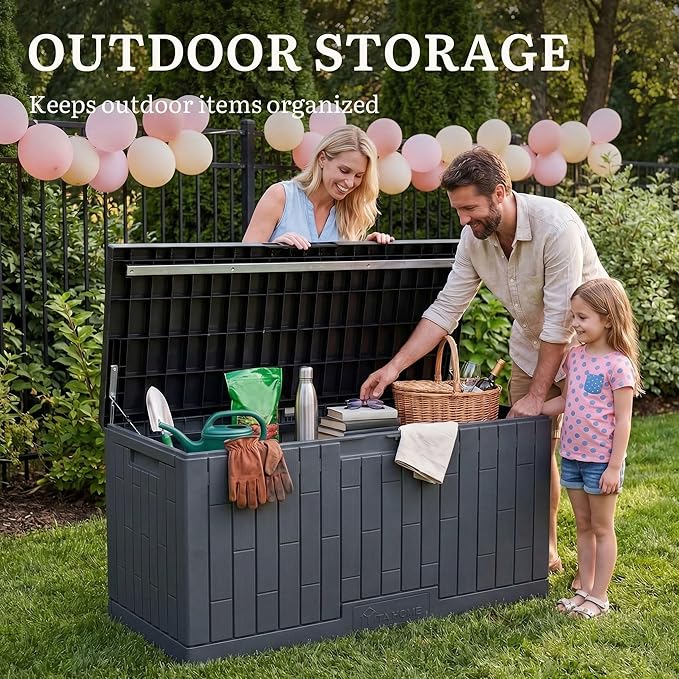 YITAHOME Large Outdoor Storage Box, 120 Gallon Waterproof Resin Deck Box w/Slide-Locking Black Lid, Patio Storage Bin and Bench Seat for Garden Tools, Cushions &Pool Supplies, Easy Assembly, Dark Gray