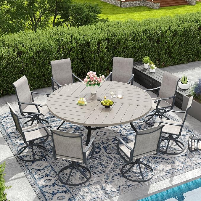 DIFY Patio Table and Chairs Set for 8, 9 Piece Outdoor Dining Set, 63" Grey Wood-Like Round Metal Dining Table with Umbrella Hole and 8 Grey Textilene Swivel Patio Chairs, for Garden Backyard Deck
