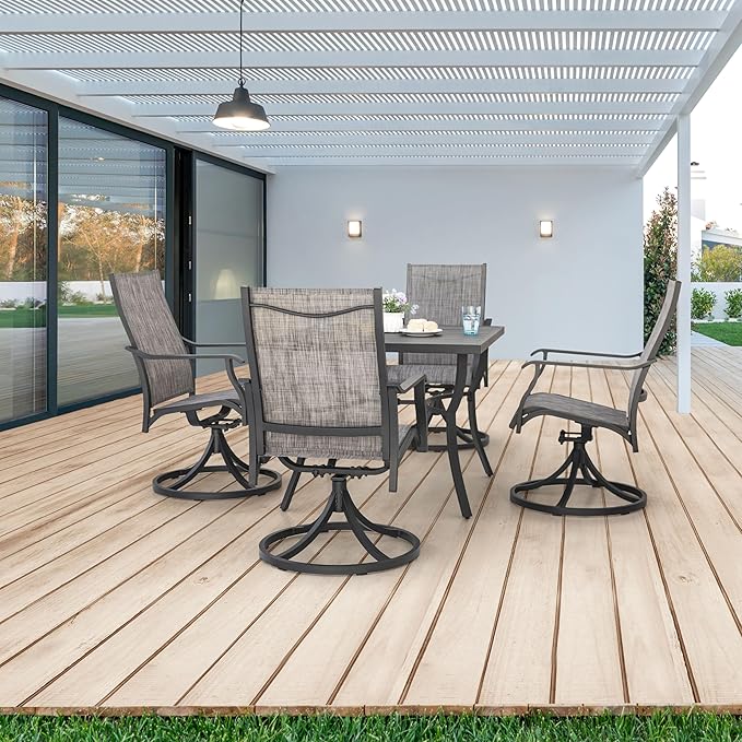 NUU GARDEN 5 Piece Outdoor Dining Set, Aluminum Patio Dining Set Include Weather-Resistant Table with 1.97" Umbrella Hole and 4 Textilene Swivel Chairs, for Garden,Backyard, Brown and Black