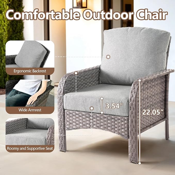 4 PCS Outdoor Patio Furniture Set with Glass Table, All-Weather Rattan Wicker Outdoor Conversation Set with Thickened Cushions for Balcony Backyard Garden Lawn,Dark Grey