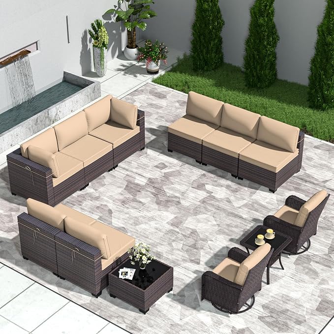 Patio Furniture Set 12 Pieces Outdoor Sectional Sofa Set,All Weather Wicker Patio Swivel Rocking Chairs Sofa PE Rattan Patio Conversation Set w/Cushions and Glass Coffee Table,Sand