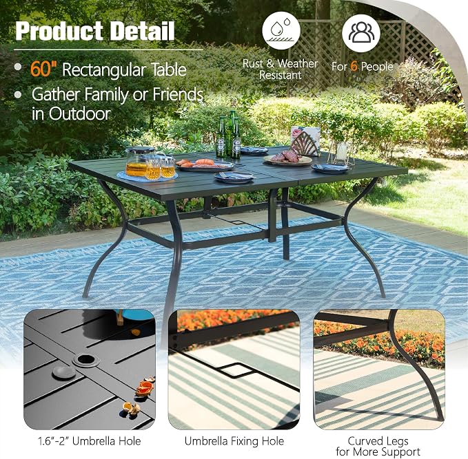 Sophia and William Patio Dining Set, for 6, Swivel Chairs | E-Coated and Steel, Rectangle Table, Swivel Chirs, Umbrella Hole, Weather-Resistant, Easy to Clean