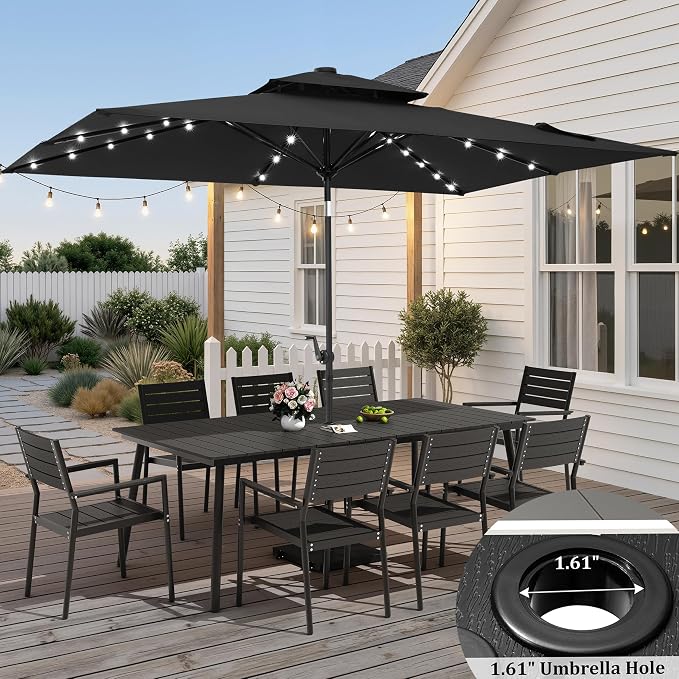 9-Piece Outdoor Dining Set for 8 Person with Black Wood-Grain Top | Armrest Stackable Chairs with 19.4" Seat Depth, Aluminum Frame Dining Furniture with Umbrella Hole for Deck, Porch & Backyard
