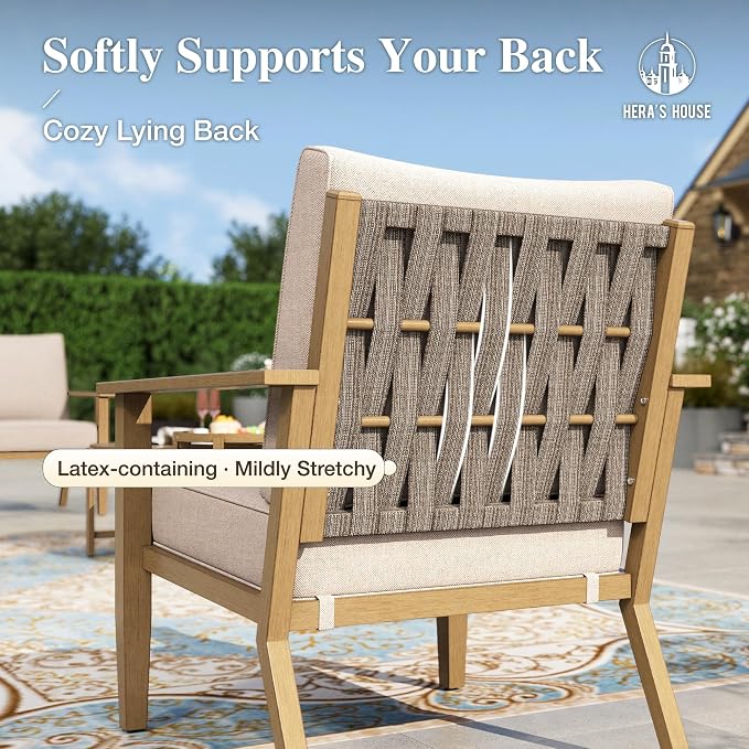 HERA'S HOUSE Patio Furniture Set 5-Piece, All-Weather Metal Outdoor Conversation Set with Wood Grain Finish, 2 x Leg Chair, 1 x 3-Seat Sofa, 2 x Multi-Functional Coffee Table for Garden Deck Backyard