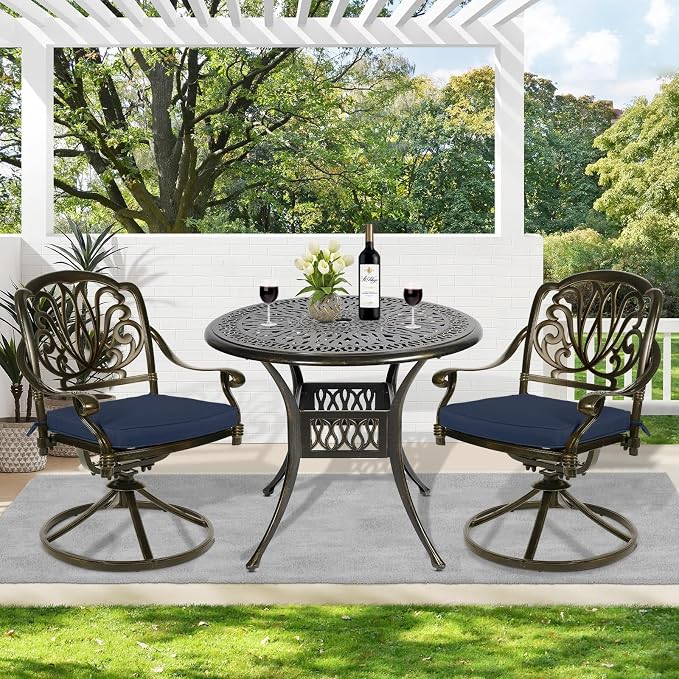 MEETWARM 3-Piece Outdoor Patio Dining Set, All-Weather Cast Aluminum Patio Conversation Set - 2 Cushions Swivel Rocker Chairs and 35.4" Round Table for Backyard Garden Deck, Umbrella Hole, Navy Blue
