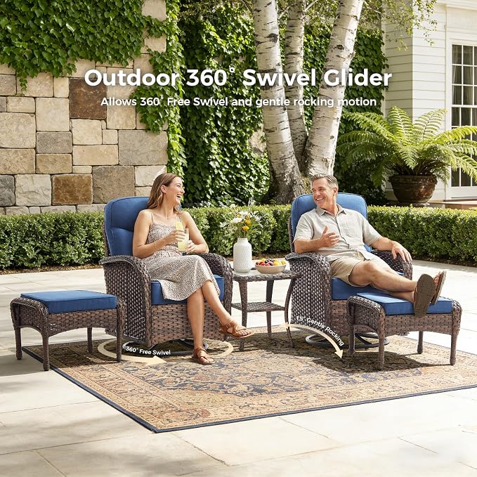 Luxury Patio Furniture Set with Fire Pit Table, Outdoor Furniture Set with High Back Swivel Chairs & 6-inch Thick Cushions, 7 PCS Fire Pit Patio Set for Yard, Deck, Poolside, Brown/Blue