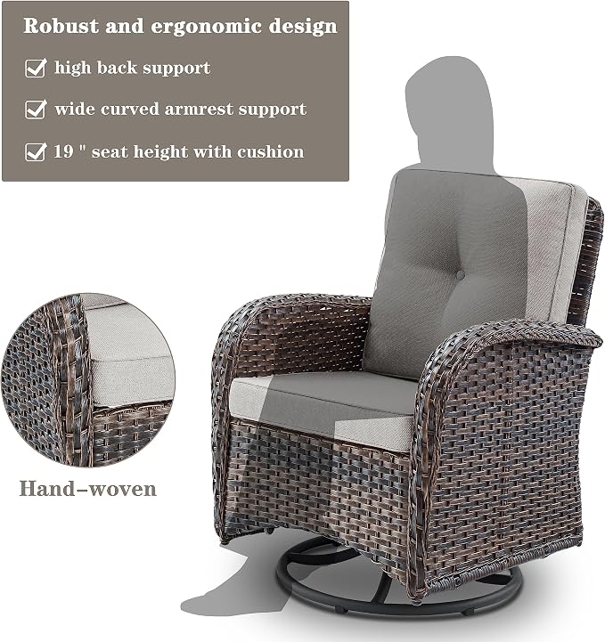 Belord Patio Furniture Swivel Glider PE Wicker Chairs, Outdoor Swivel Rocker Seating with Cushions for Porch Deck Balcony, Brown/Beige