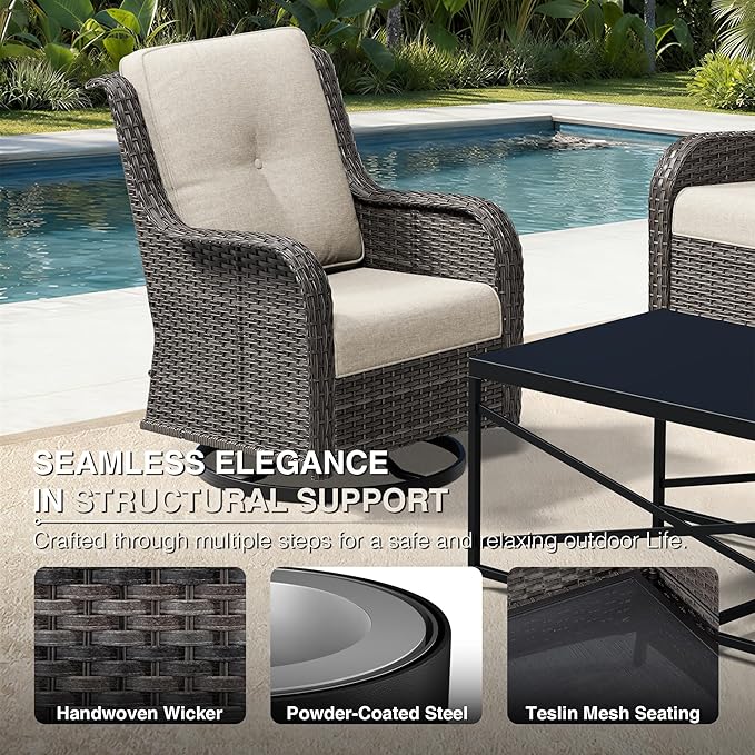 Joyside 3 Piece Wicker Patio Furniture Set, Outdoor Swivel Rocker Patio Chairs with High Back, Deep Seating, Wide Armrest, Thickened Cushions, Outdoor Furniture for Deck, Porch Use