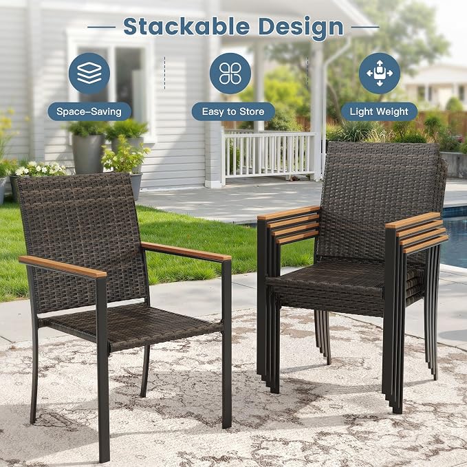 DIFY 5 Piece Patio Dining Set, Metal Outdoor Table and Chairs Set for 4, 40.6" Round Black Dining Table with Umbrella Hole & Wicker Stackable Patio Chairs, Patio Furniture Set for Garden Backyard