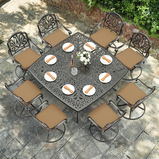 VIVIJASON 9-Piece Outdoor Furniture Dining Set for 8, All-Weather Cast Aluminum Patio Table and Chairs Set with 8 Swivel Rocker Chairs, 64" Large Square Dining Table with 2.2" Umbrella Hole, Khaki