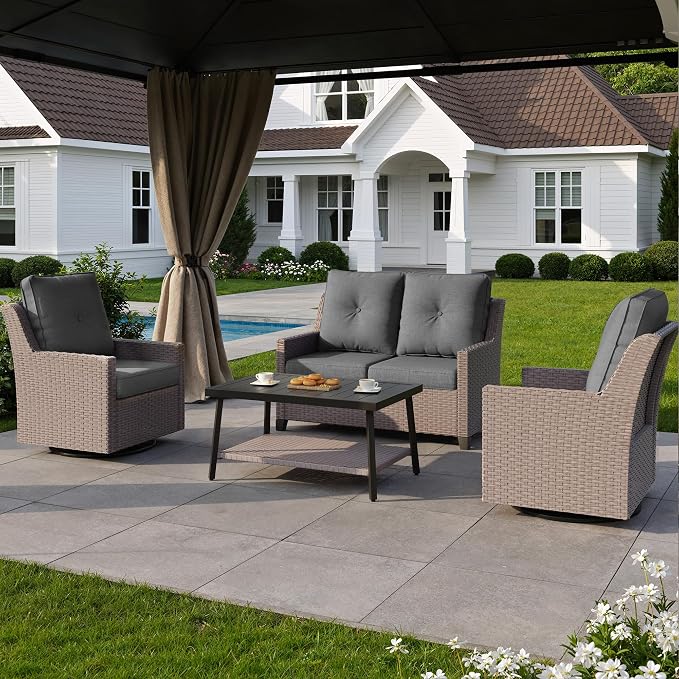 NestNook 4 Piece Patio Furniture Set, Outdoor Swivel Glider Chairs Set of 2 with Loveseat and Coffee Table Wicker Patio Conversation Set for Backyard Balcony & Poolside（Dark Grey）
