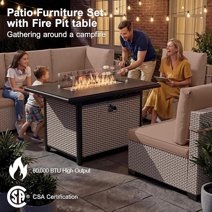 Patio Furniture Set, 15-Piece Outdoor Sectional Sofa with 60,000 BTU Fire Pit Table & 2-Layer Glass Coffee Table, Wicker Patio Conversation Set with Khaki Cushions