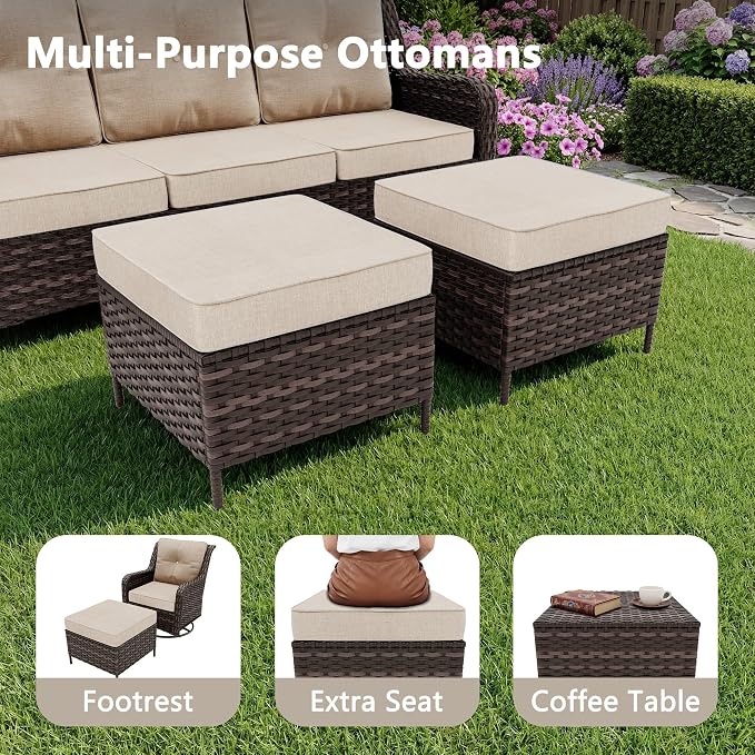 Outdoor Patio Furniture Set,7 Pieces 7 Seats Outdoor Sectional Furniture All Weather Thick PE Rattan Wicker Patio Conversation Set with Ottoman & Coffee Table,Swivel Rocking Chairs Set,Sand