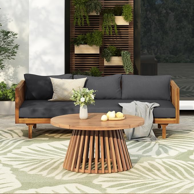 Christopher Knight Home Charm Patio Conversation Set, 3 Seater Acacia Wood Sofa, Spacious Seating Daybed, Wood Coffee Table, Round Side Table, Outdoor Furniture for Backyard Garden Rest, Dark Gray