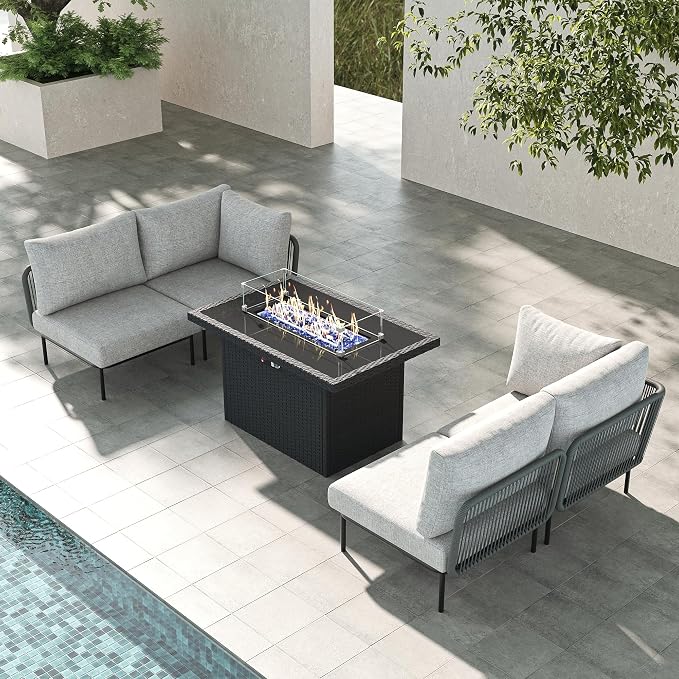 LayinSun 5 Pieces Aluminum Patio Furniture Set, Modern Modular Sectional Sofa with Fire Pit Table and Upgrade Thickness Cushion