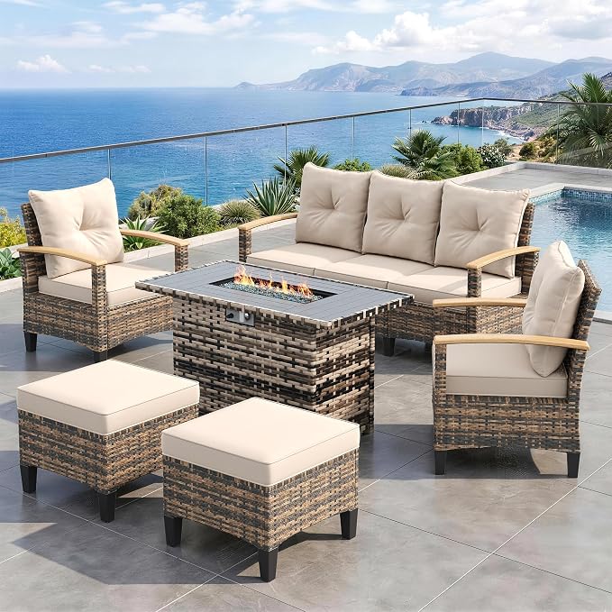 UDPATIO Patio Furniture Set with Fire Pit Table, 6 Pieces Outdoor Wicker Conversation Set for Lawn, Porch, Garden, Backyard, Khaki