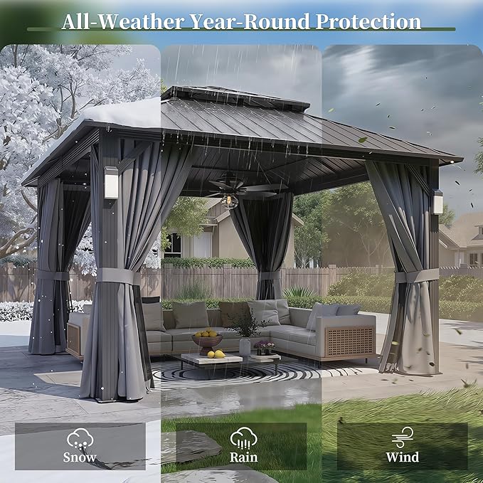 Aoxun 12'x12' Hardtop Gazebo with 4 LED Lights, Outdoor Gazebo with Galvanized Steel Double Roof, Patio Gazebo with Breathable Netting & Privacy Curtain, Decor Hooks for Backyard, Gray