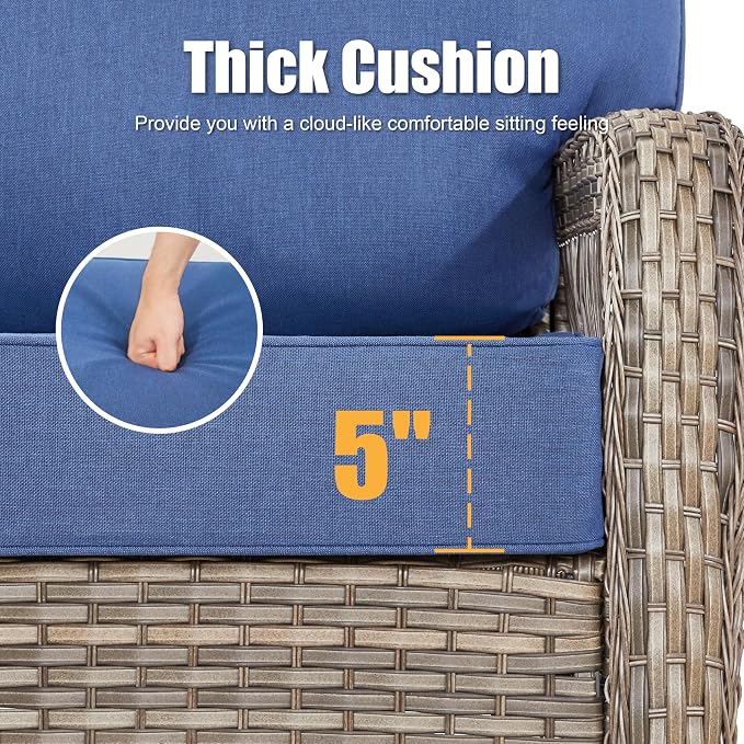 75'' Patio Couch Outdoor Wicker Sofa, Heavy Duty All-Weather Rattan 3-Seater Sofa with Deep Seating and Removable Cover, Outdoor Patio Furniture for Deck Porch Sunroom Backyard, Blue