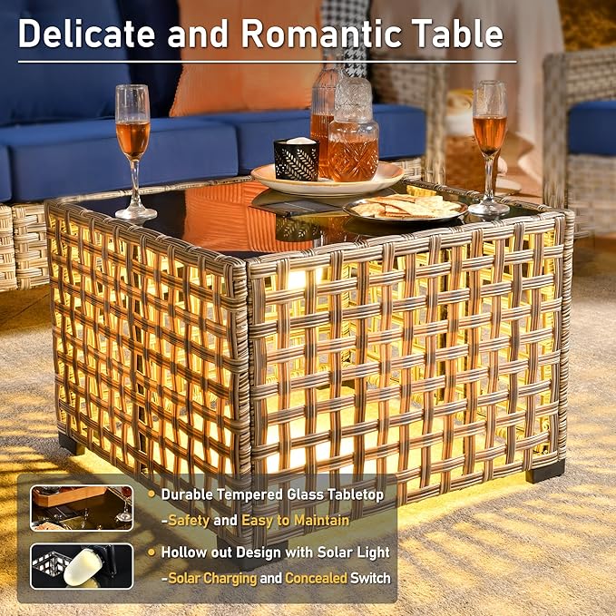 HOOOWOOO Outdoor Sectional Furniture Set with Fire Pit Table,9 Pieces Wicker Patio Conversation Sets,L Shape All Weather Outside Couch Sofa Set with Swivel Chairs Solar Light Table Ottoman,Black