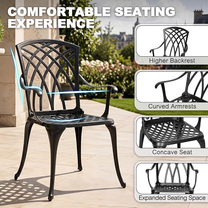 NUU GARDEN 5-Piece Outdoor Dining Set, 33" Cast Aluminum Dining Table with Umbrella Hole and 4 Cast Aluminum Chairs, Patio Table and Chair Set, Patio Dining Set for Poolside Deck Yard Balcony, Black