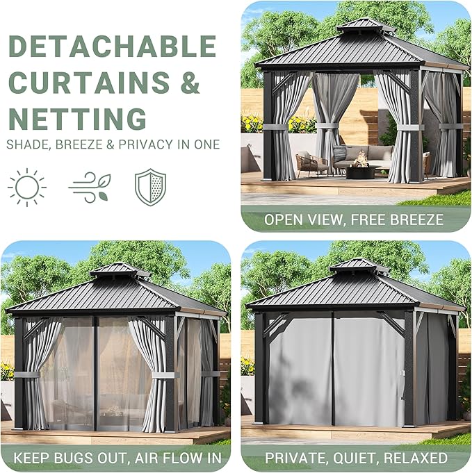 AirWire 10'x10' Outdoor Gazebo Hardtop Grill Gazebo Aluminum Galvanized Steel Double Roof Outdoor Pergola Include Curtain and Netting for Backyard, Patio, Lawn