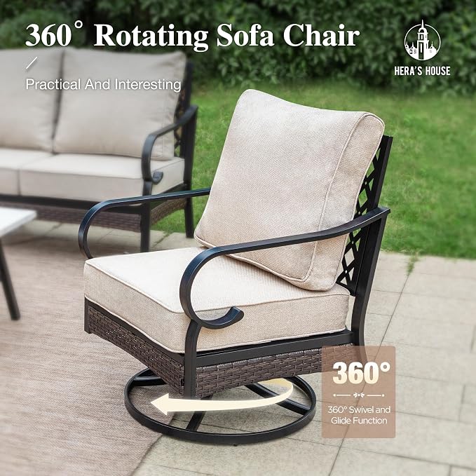 HERA'S HOUSE 4 Piece Metal Patio Furniture Set, All Weather Outdoor Conversation Set with 3 Seat Sofa, 2 Swivel Chairs & Coffee Table, Seats 5 for Backyard, Garden, Deck, Beige