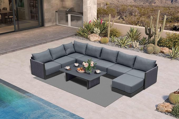 PURPLE LEAF 9 Pieces Patio Conversation Sets with Ottoman All Weather Outdoor Couch Sectional Set with Cushion Patio Conversation Set for Garden Poolside Backyard Gray