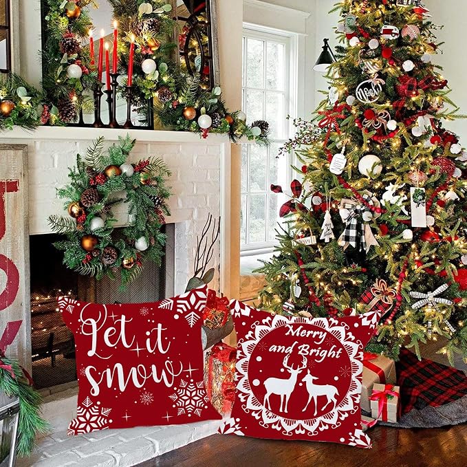 Christmas Pillow Covers 24x24, Merry Christmas Pillow Cases 24 x 24 Decorative Pillows Cases Square Red Christmas Tree Snowflake Winter Holiday Xmas Farmhouse Decor for Couch Sofa Set of 4