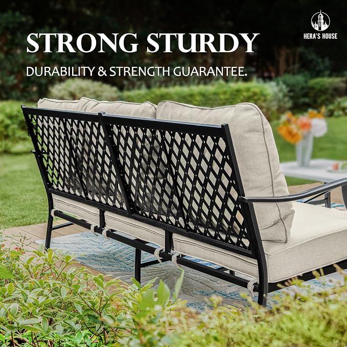 HERA'S HOUSE 4 Pieces Patio Fire Pit Furniture Set, 2 x Single Chair, 3-Seat Sofa with 45" Fire Pit Table, Outdoor Conversation Set for Garden, Poolside, Backyard