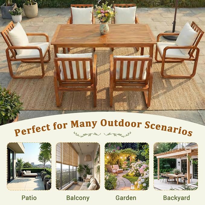 RUNNA 7 Pieces Outdoor Patio Dining Table Set with Removable Cushions, Modern Armrests and Spacious Table, Outdoor Furniture Set for Backyard, Garden Entertaining (Beige-A7)