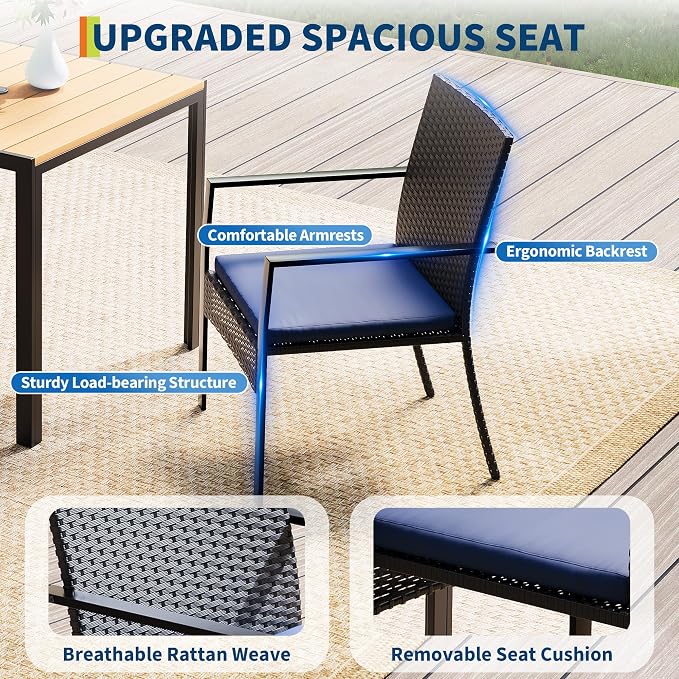 3 Piece Patio Dining Set, Wicker Outdoor Table and Chairs with Umbrella Hole ＆ Soft Cushion, Patio Furniture Set for Backyard, Garden, Poolside, Deck - Black＆Blue