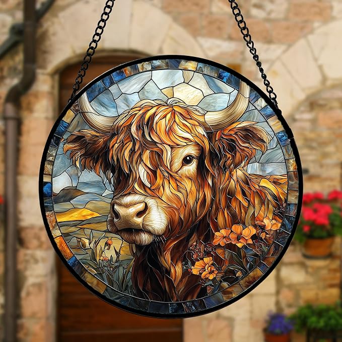 DASTOLL Stained Glass Window Hanging - Funny Cow Flower Suncatcher Ready to Hang Window Doors Home Decoration and Christmas, Mother's Day Birthday Gifts for Women, Men, and Mom 11.8x11.8 in