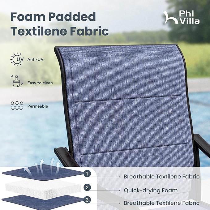 PHI VILLA 8 Piece Patio Dining Set with 13ft Patio Umbrella (Navy Blue), 6 Outdoor Padded Swivel Dining Chairs & 1 Large Metal Dining Table for Lawn Garden Backyard (No Umbrella Base)