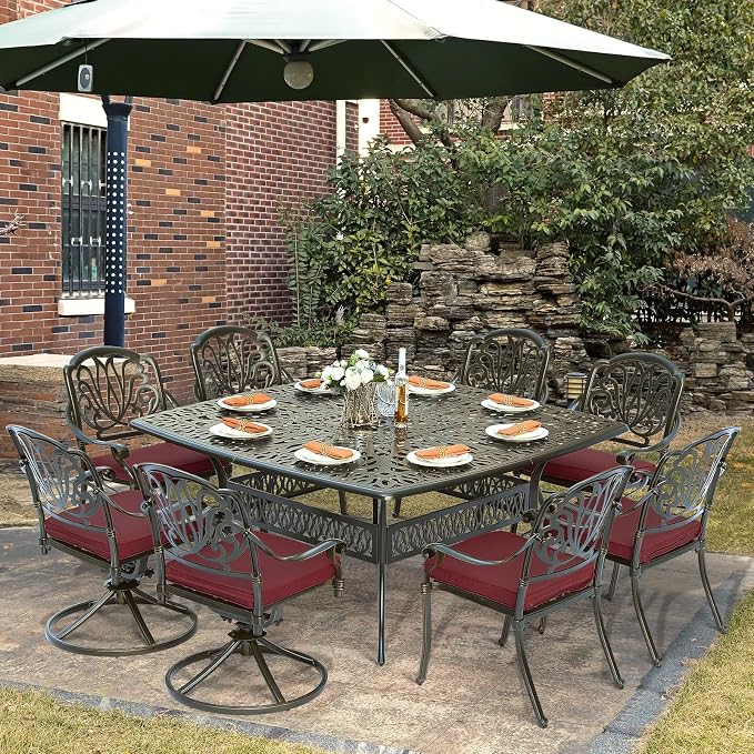 9-Piece Patio Cast Aluminum Dining Set, Outdoor Dining Furniture Set for 8 Person, Includes 64" Square Table, 6 Stationary and 2 Swivel Dining Chairs with Umbrella Hole, Red