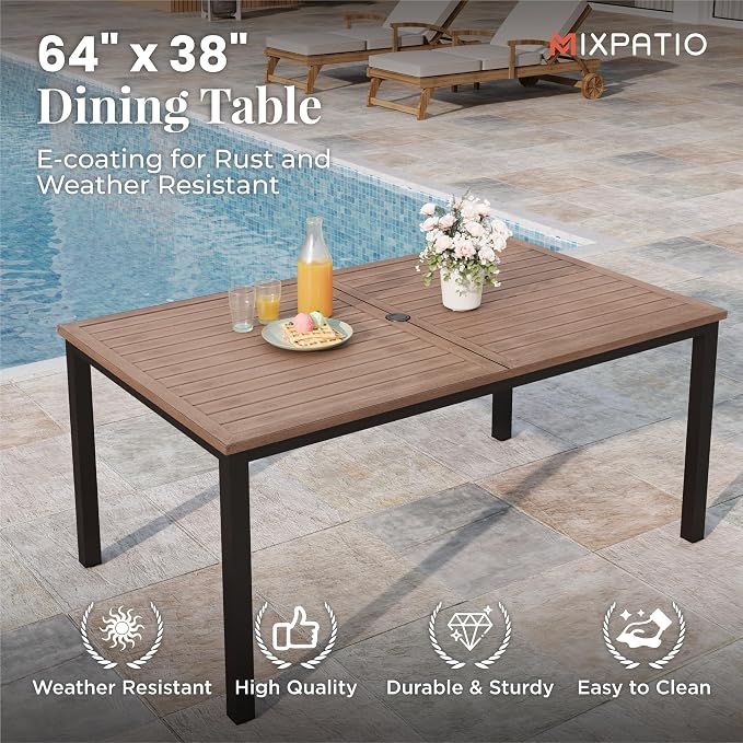 MIXPATIO 7 Pieces Patio Table and Chairs Set, Patio Dining Set for 6, 6 Textilene Chairs and 1 Wood-Like Rectangle Steel Table with Umbrella Hole, for Deck Backyard Lawn Poolside, Blue