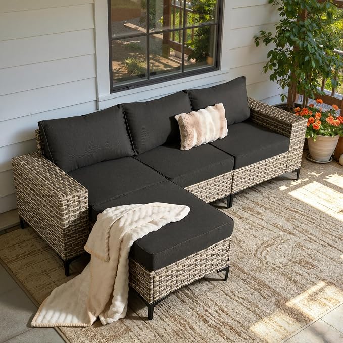 4-Piece Wicker Outdoor Sectional Furniture, Wide Armrest L-Shaped Patio Couch Set with Ottoman, Modern Modular Conversation Sets with Thick Cushion for Backyard Porch Balcony, Black