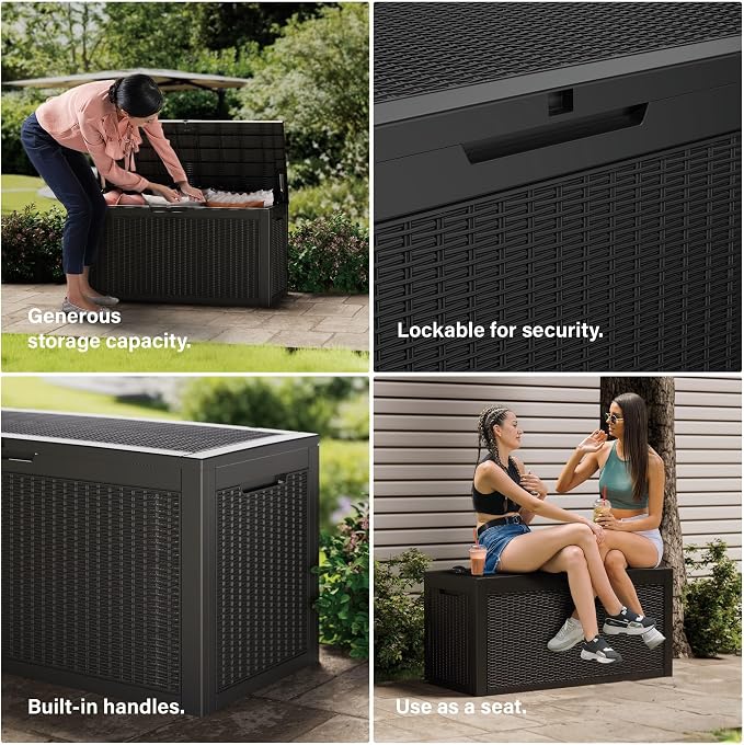TARKARI 100 Gallon Outdoor Storage Box Waterproof, Resin Deck Boxes with Lockable Lid & UV-Resistant for Patio, Pool, Garden Furniture Cushions & Accessories, Black