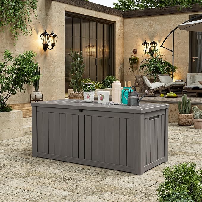 Outdoor Storage Box, 120 Gallon Deck Box, Resin Waterproof Outside Storage Bench, Outdoor Storage Cabinet With Lockable Lid, Backyard Deck Box For Garden Tools, Patio Cushions, Pool Accessories