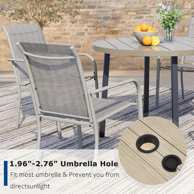 5 Pieces Patio Dining Set for 4, Grey Patio Stackable Chairs and Honey Oak Round Table Set of 4, Outdoor Furniture Set with Sling Support for Outside, Garden