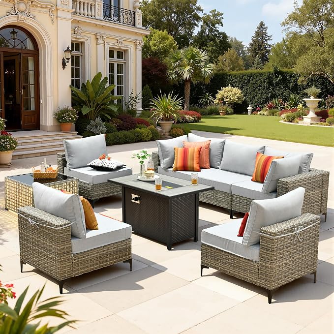 8 Pieces Patio Furniture Set with 42" Fire Pit, All-Weather Rattan Outdoor Sectional Conversation Sets L Shaped Sofas with Solar Light Coffee Table for Porch Balcony Backyard Grey