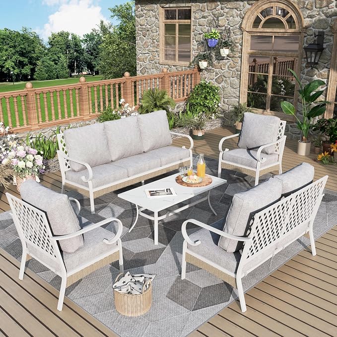 MIXPATIO 5 Piece Patio Furniture Set, 2 x Fixed Chair, 1 x 2-Seat Sofa, 1 x 3-Seat Sofa with Marbling Coffee Table, 7 Seats Outdoor Conversation Set for Lawn Garden Backyard, Light Gray